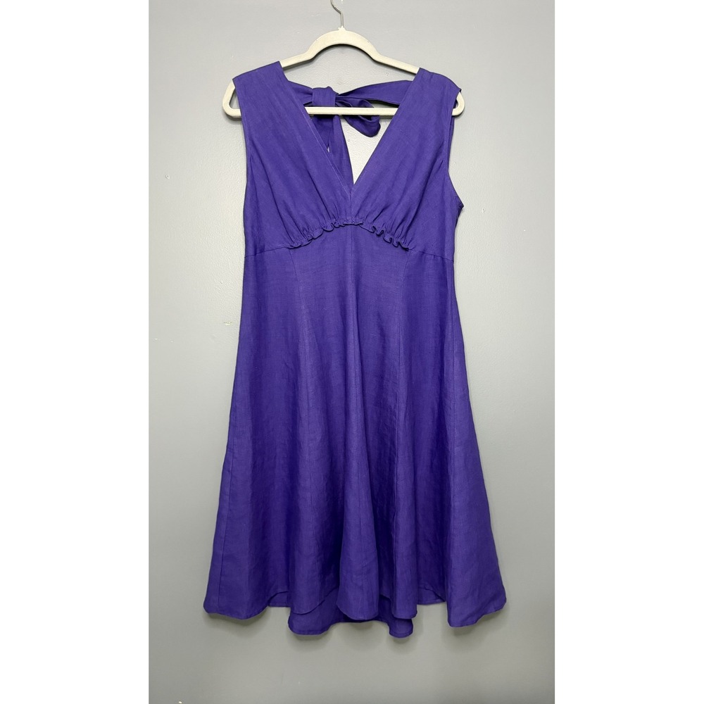 Sandro Ferrone Dress US 12 / Italian 48 Purple Linen V Neck Bow Fit & Flare Mid